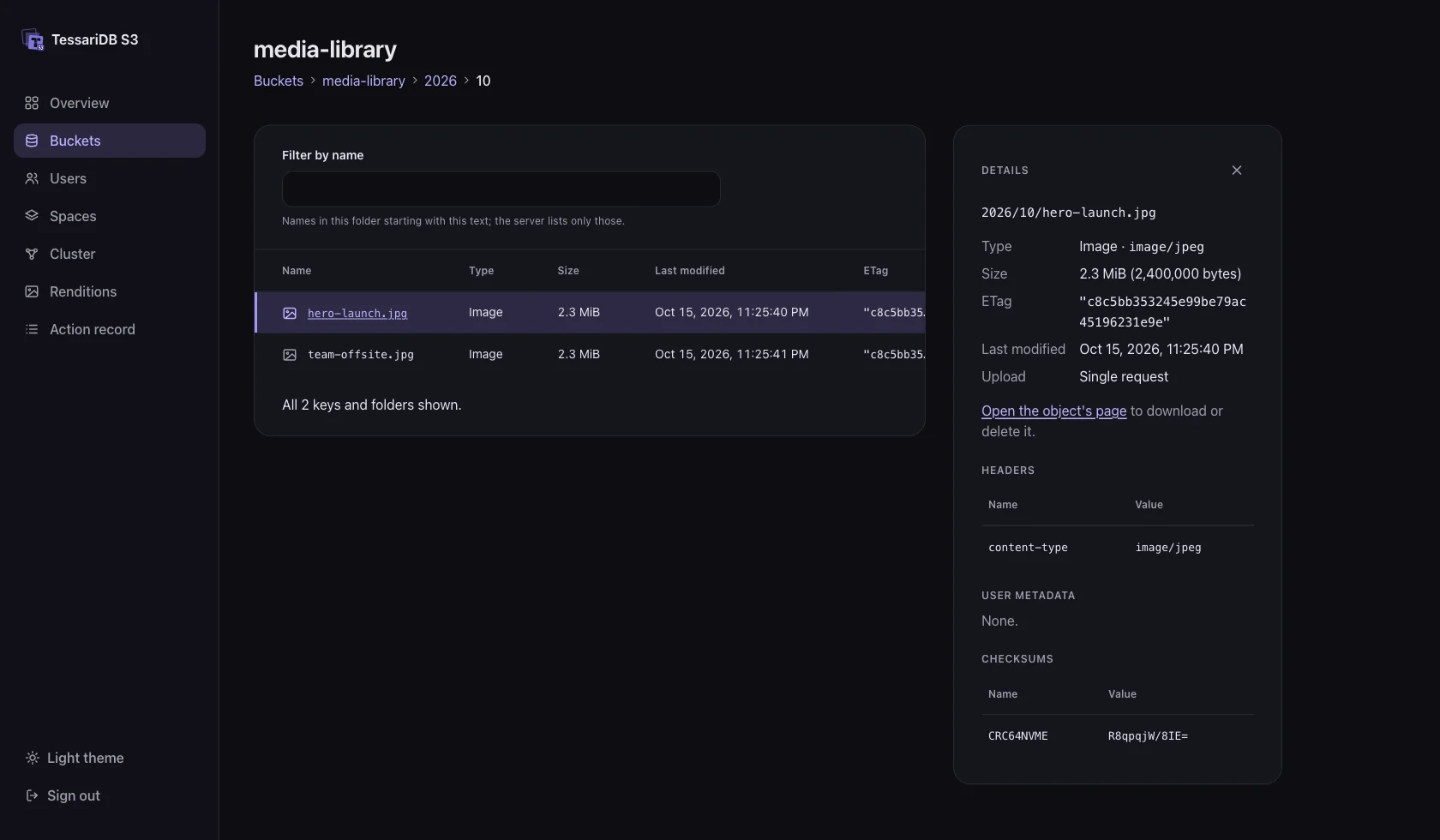 The console's object browser: the media-library bucket open at 2026/10, two images listed, and a side pane with the selected object's type, size, ETag, headers and CRC64NVME checksum.